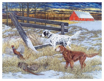 Dog Painting - hounds and mallard in winter puppy